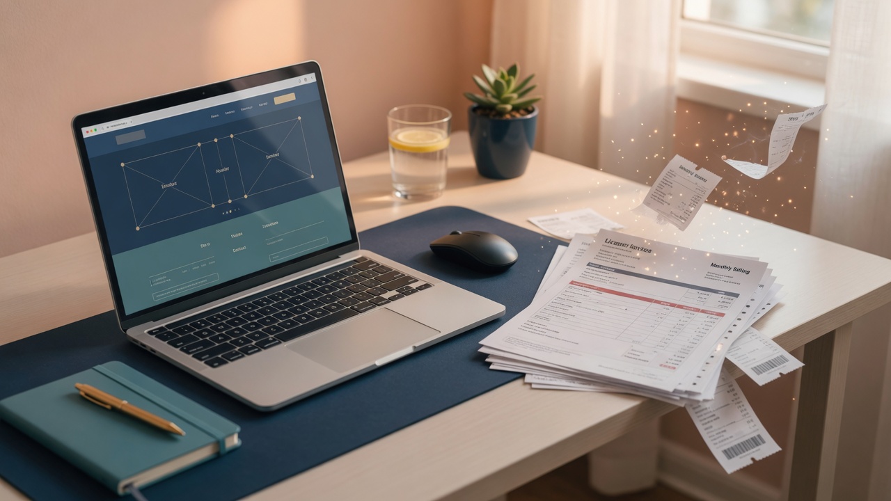Laptop with a simple business website next to fading subscription bills