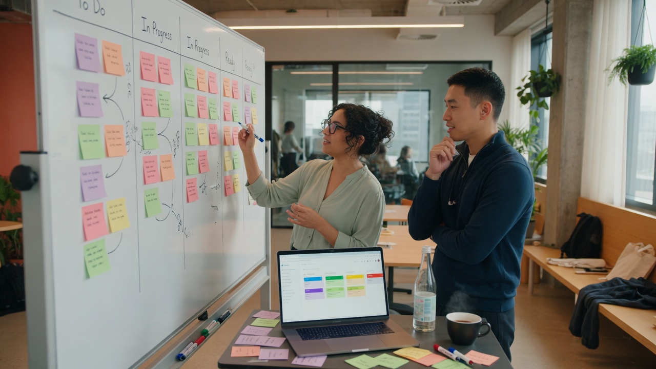 Product owner and teammate reviewing backlog cards at a whiteboard