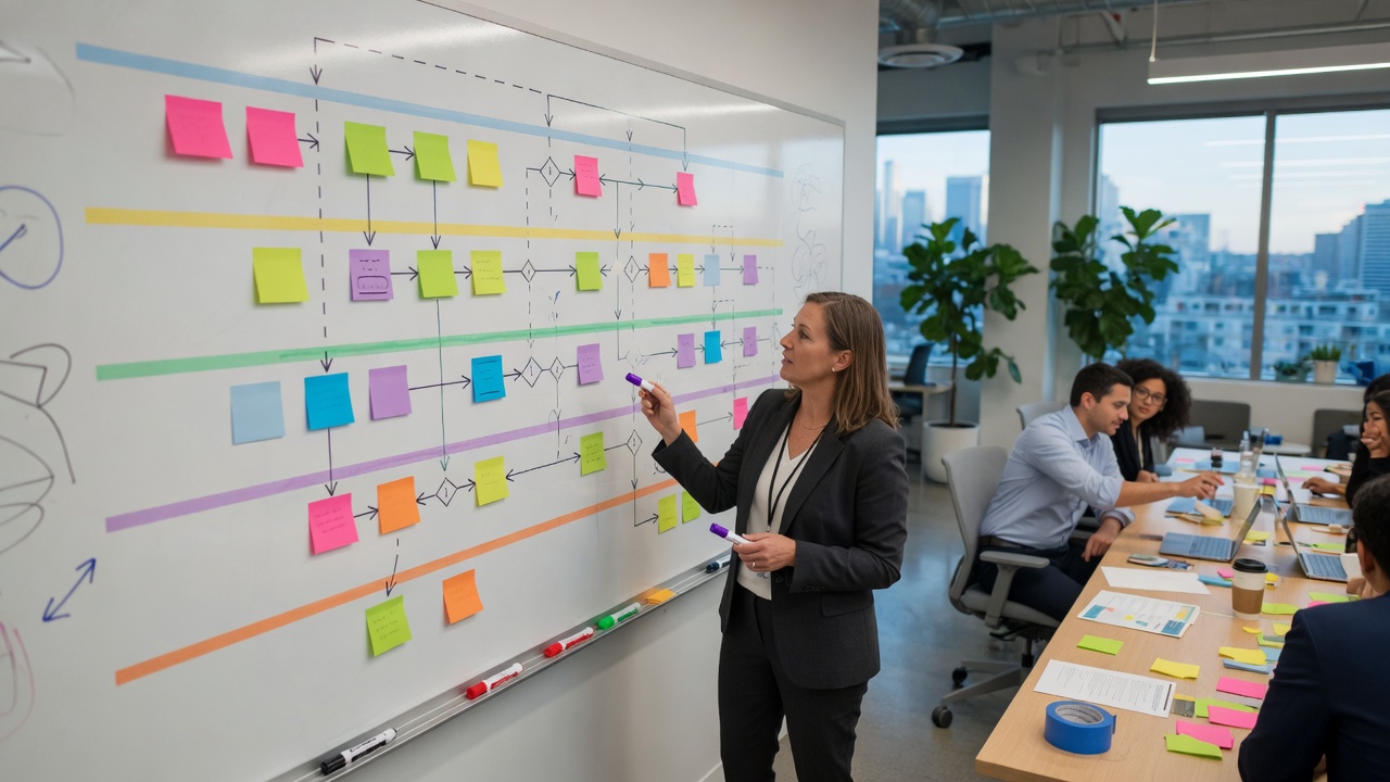 Swimlane process map workshop on a large whiteboard with sticky notes