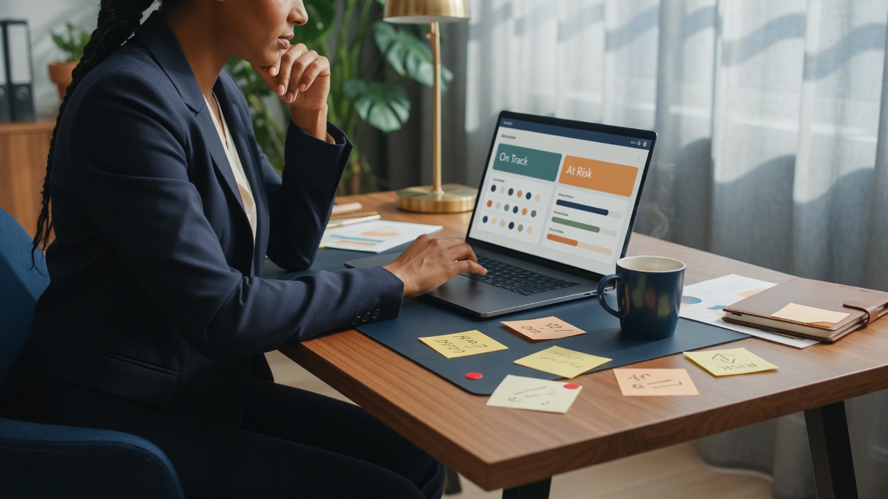 Project manager reviewing delivery status on a laptop with risk sticky notes on the desk