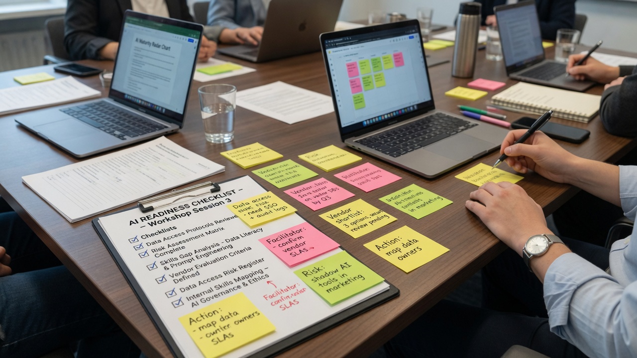AI readiness workshop table with checklist clipboard and sticky notes