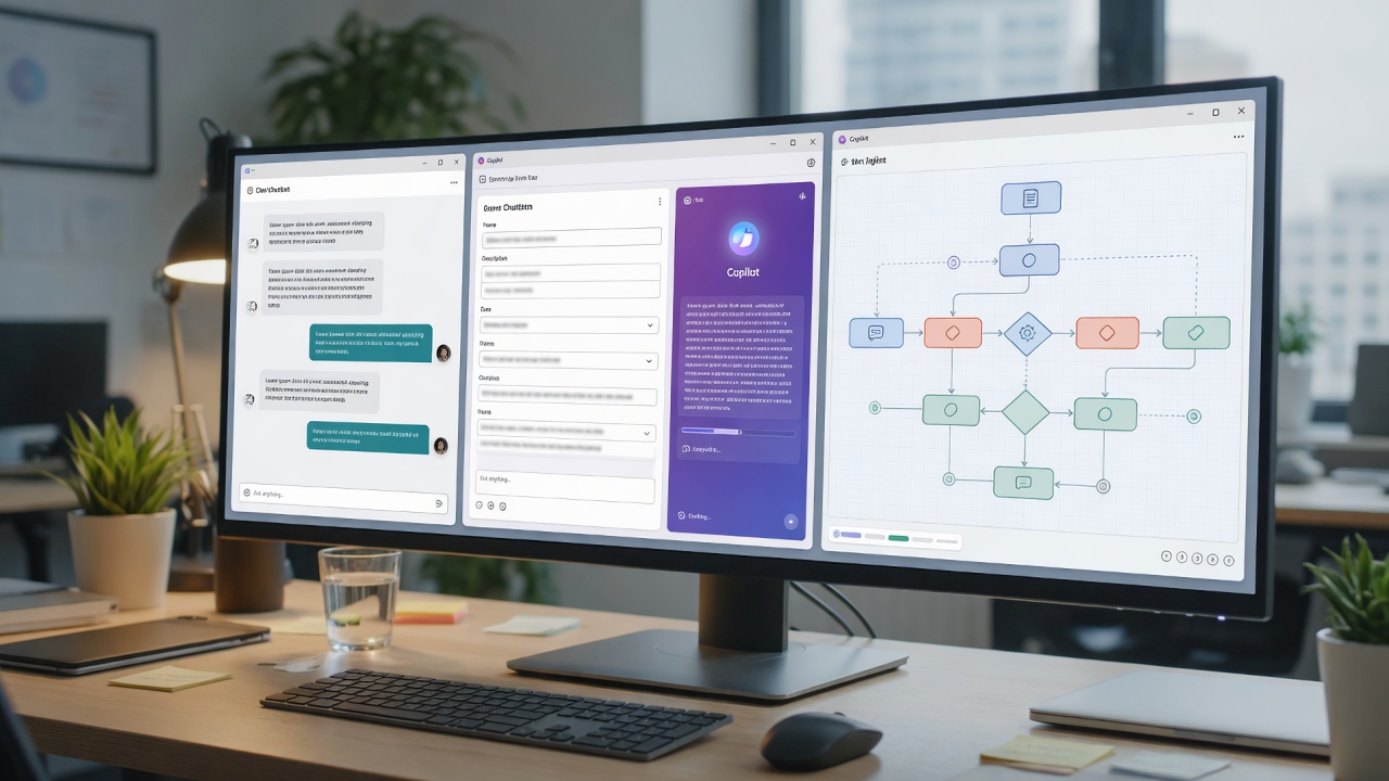 Wide monitor comparing chatbot, copilot, and multi-step agent views