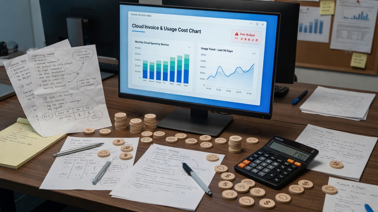 Usage cost chart on a monitor with calculator and wooden token chips on the desk