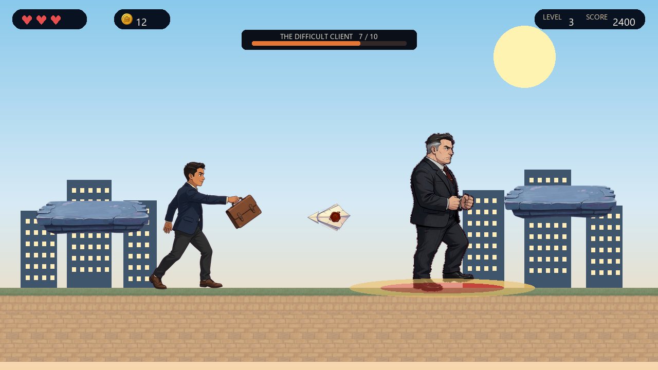 Deadline Dash screenshot: the consultant swings a briefcase at a difficult client while a memo flies across the street