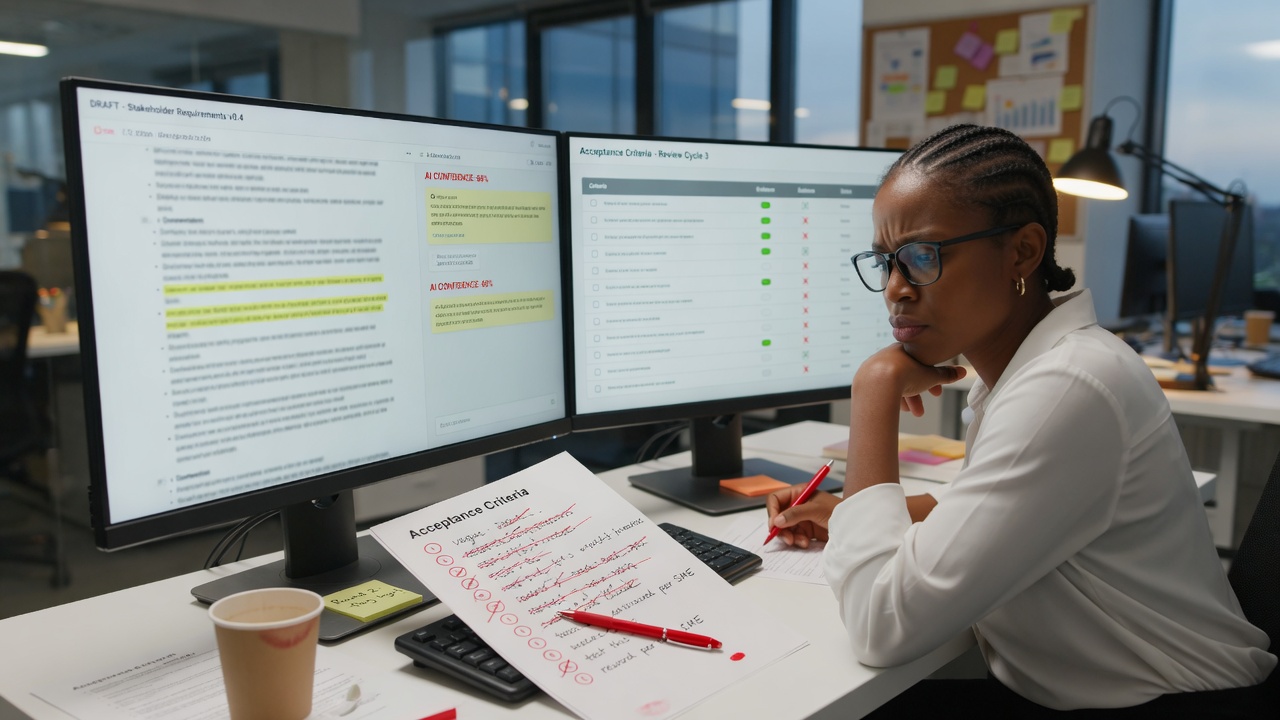 Analyst reviewing AI draft text on dual monitors with a criteria checklist