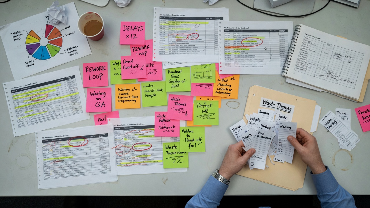 Analyst sorting ticket and email printouts for delay and rework themes