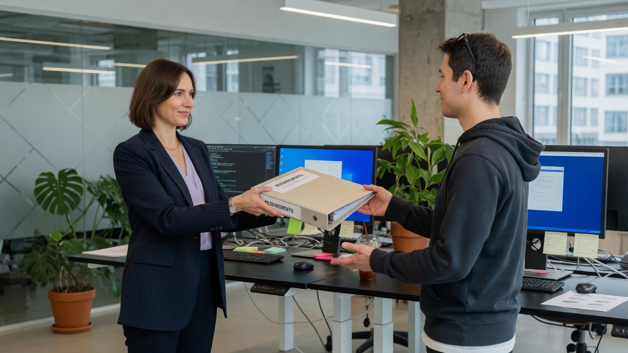 Analyst handing requirements documents to a developer at a standing desk