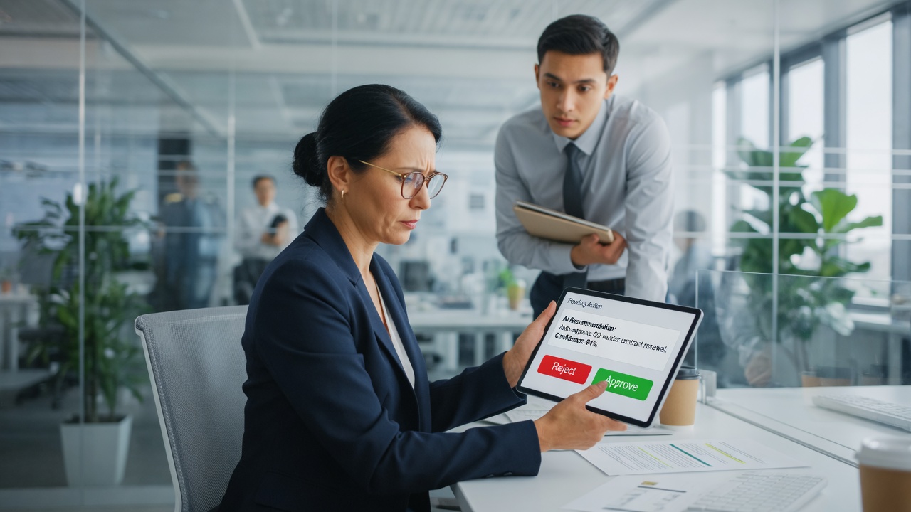 Manager reviewing an AI action on a tablet with approve and reject choices