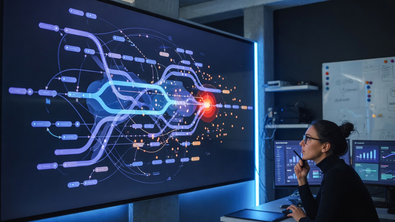 Process mining flow diagram on a large analytics monitor