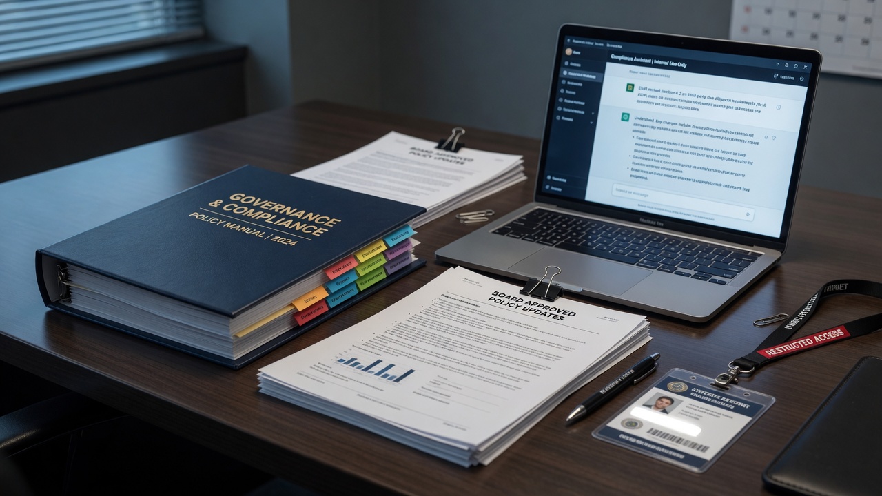 Policy binder and security badge beside a laptop open to a chat prompt