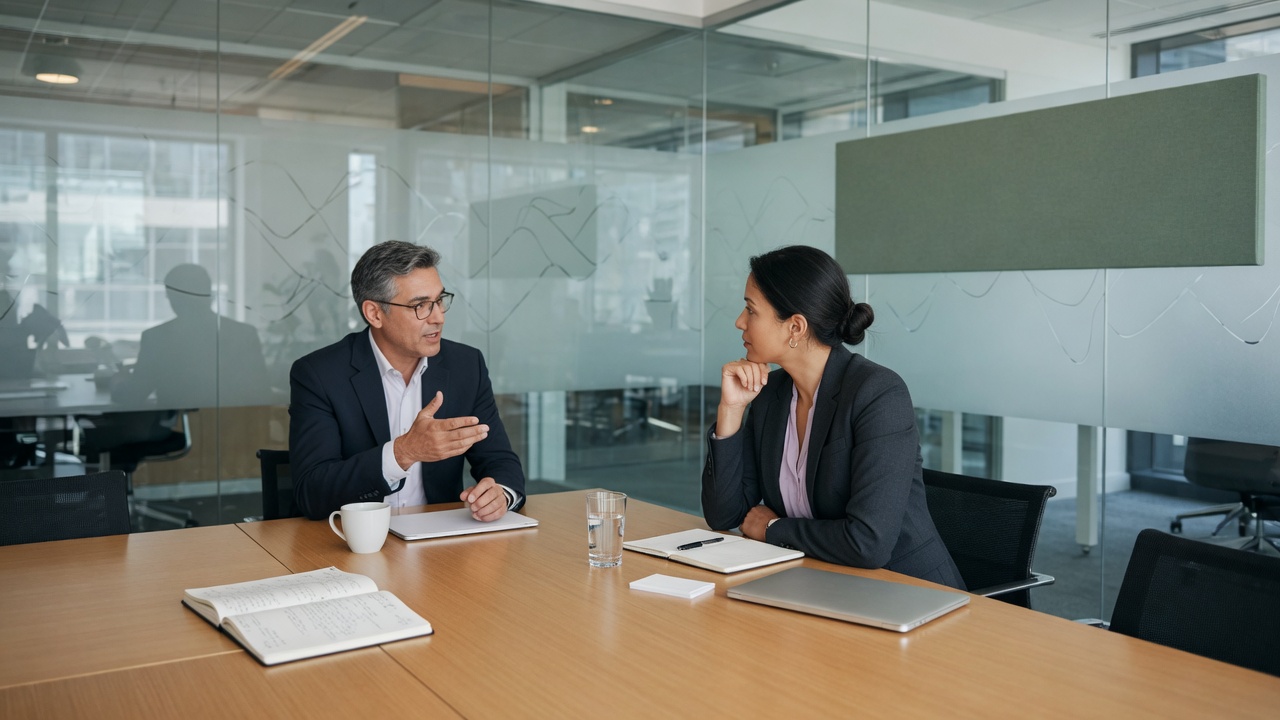 Business analyst interviewing a stakeholder with notebook open in a meeting room