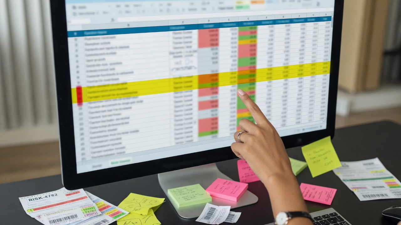Risk register on a monitor with sticky notes and ticket printouts for new risks