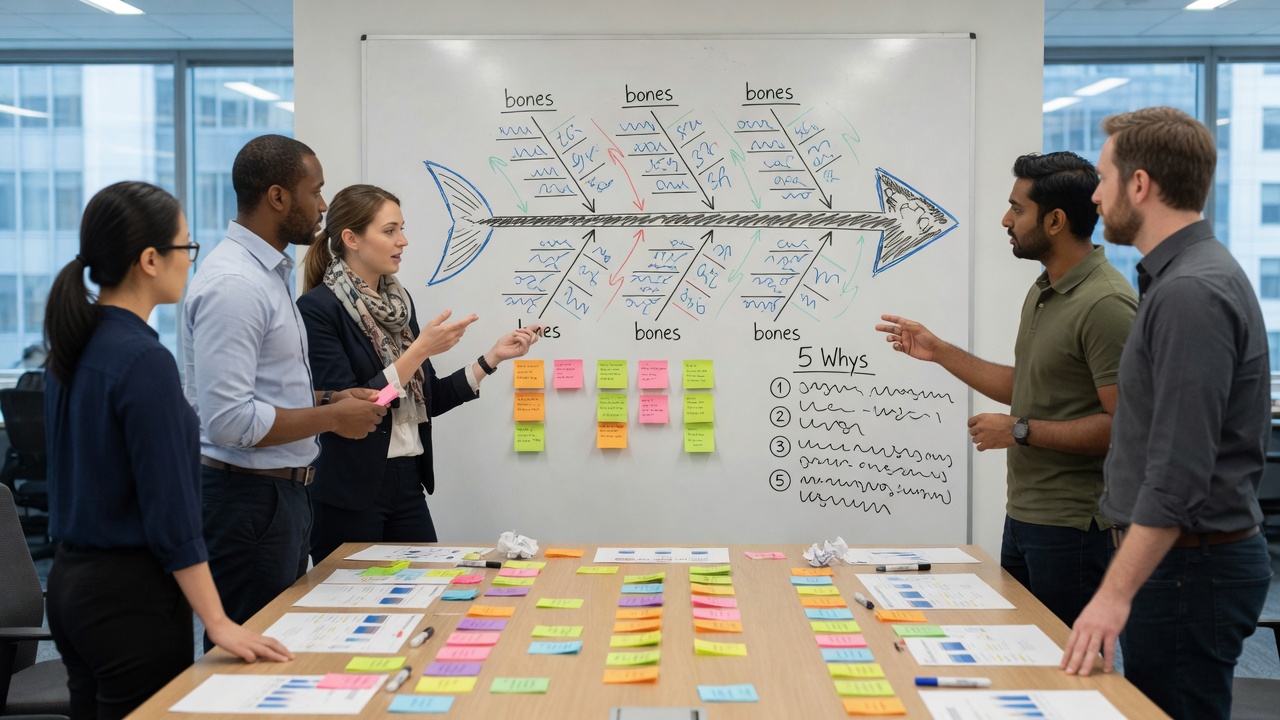 Root cause analysis workshop with fishbone diagram and sticky notes