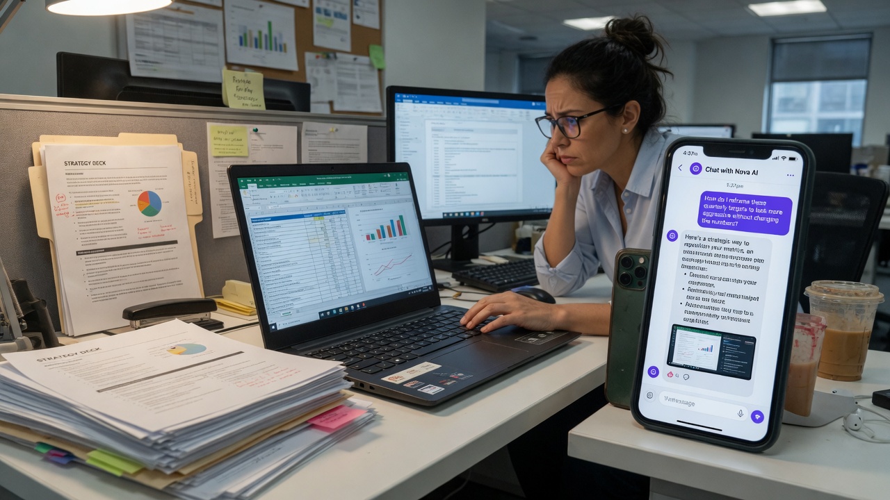 Employee at a desk with work laptop and personal phone open to a public AI chatbot