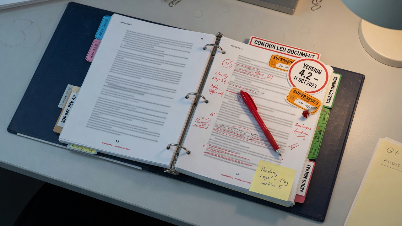 SOP binder open on a desk with red pen markup and version labels