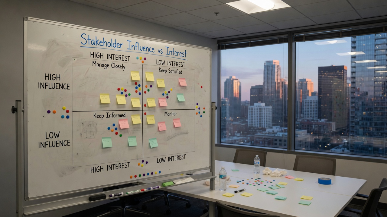 Stakeholder influence and interest map on a whiteboard after a workshop