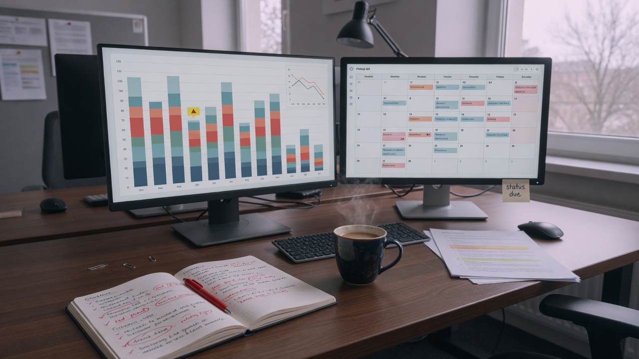 Weekly status reporting desk with dual monitors, notes, and a coffee mug
