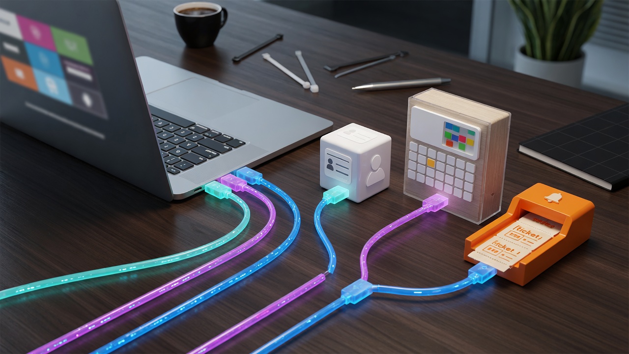 Laptop connected to CRM, calendar, and ticket system icons on a desk