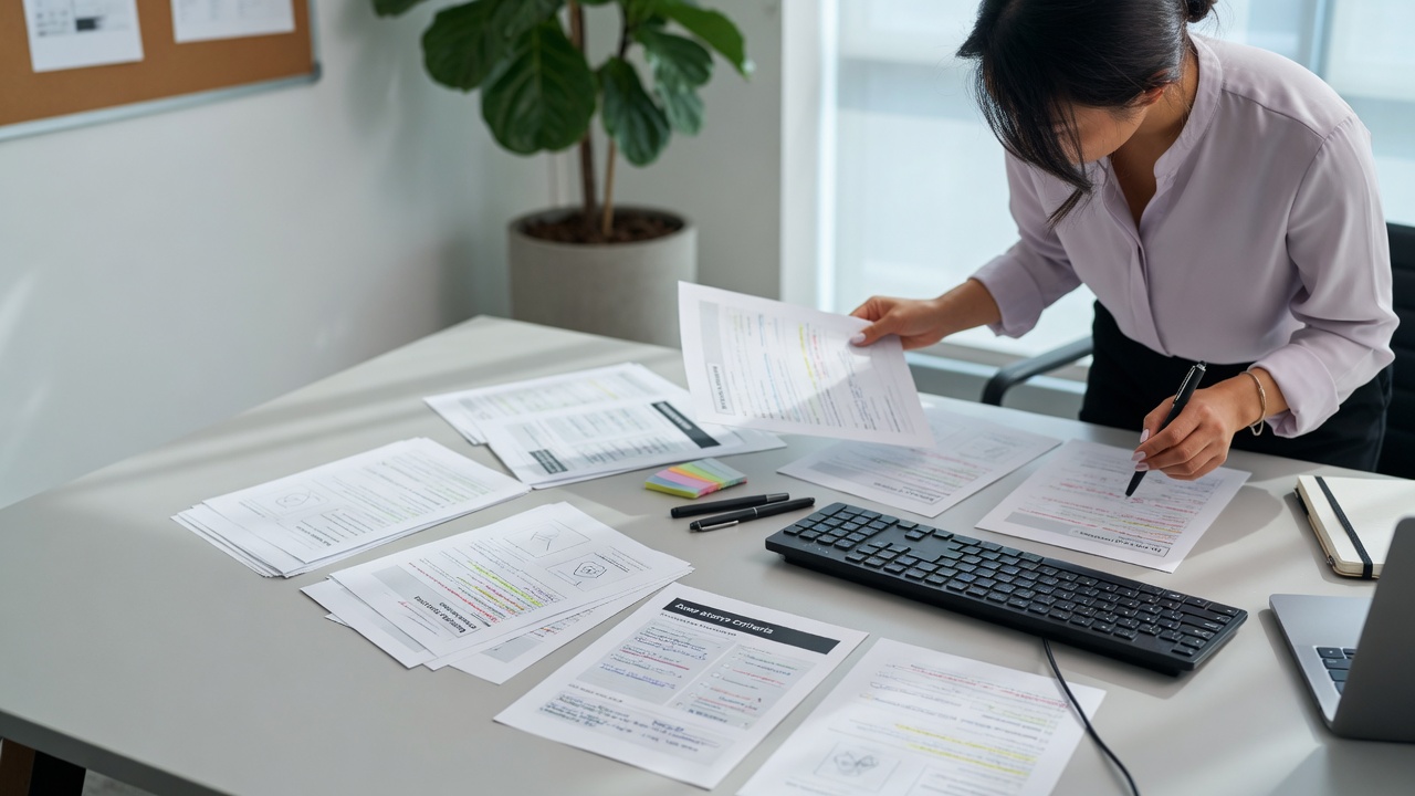 User story cards and acceptance criteria notes on a desk with a pen