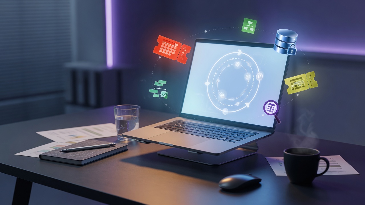 Laptop showing an AI agent planning loop with tool icons around the desk