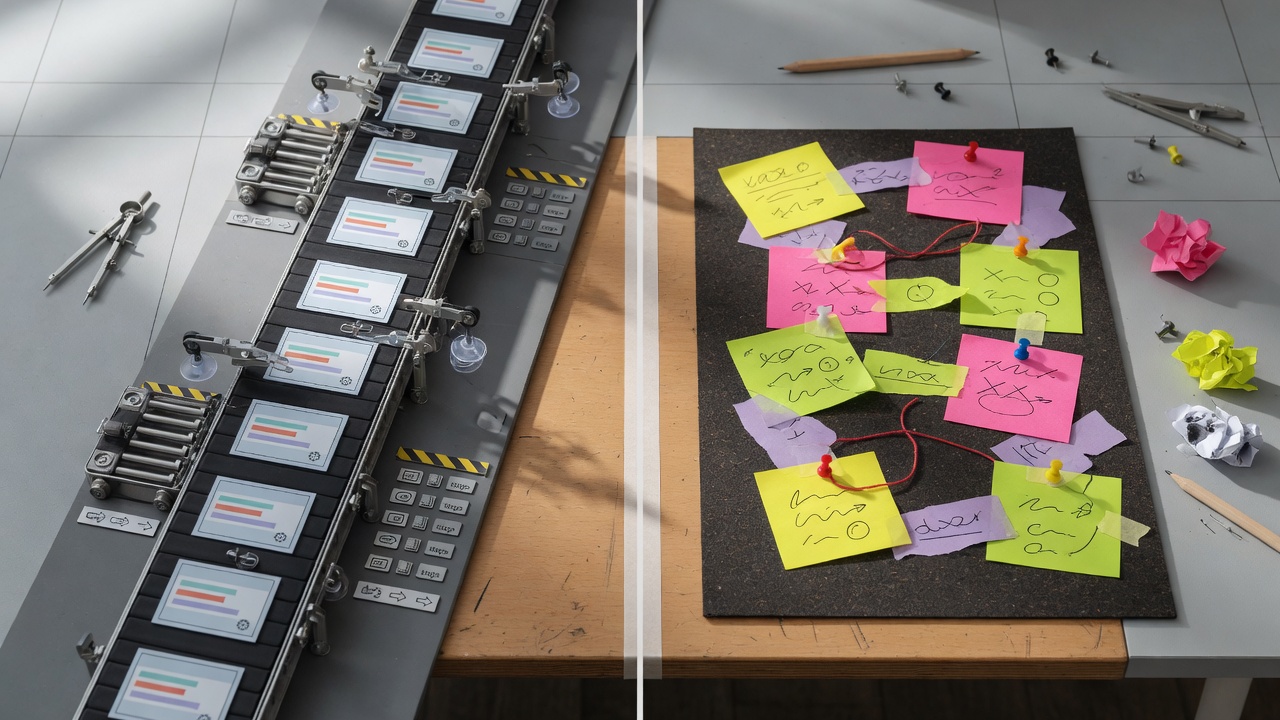 Desk model comparing a fixed workflow path with a messy freeform agent path