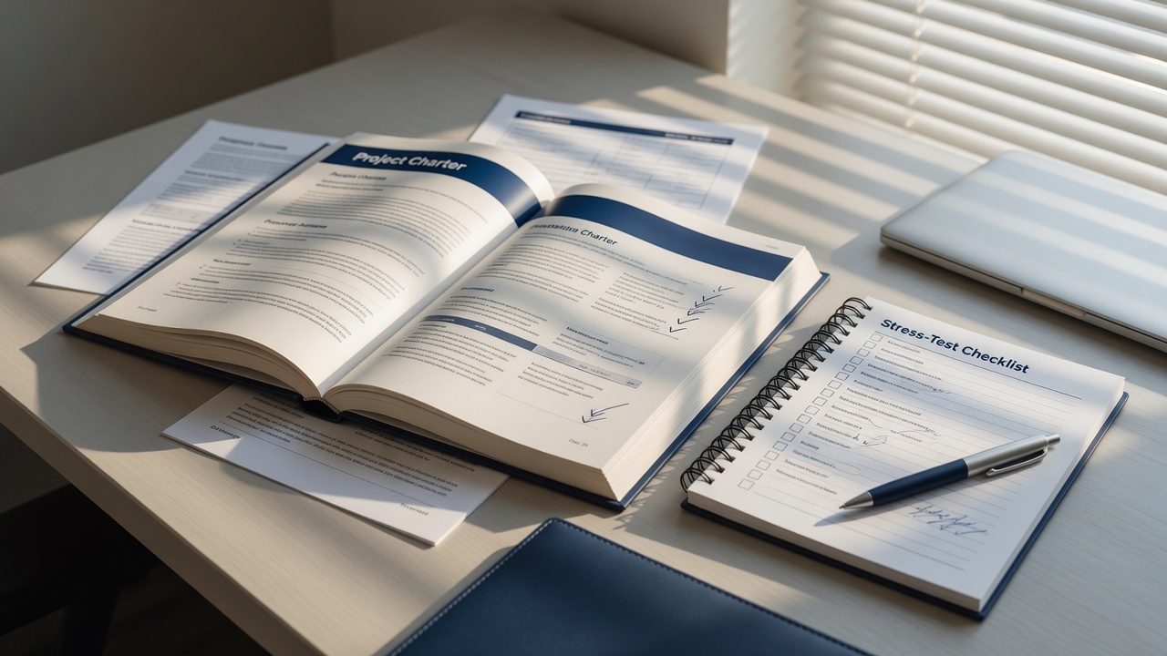 Project charter draft and stress-test checklist on a desk in morning light