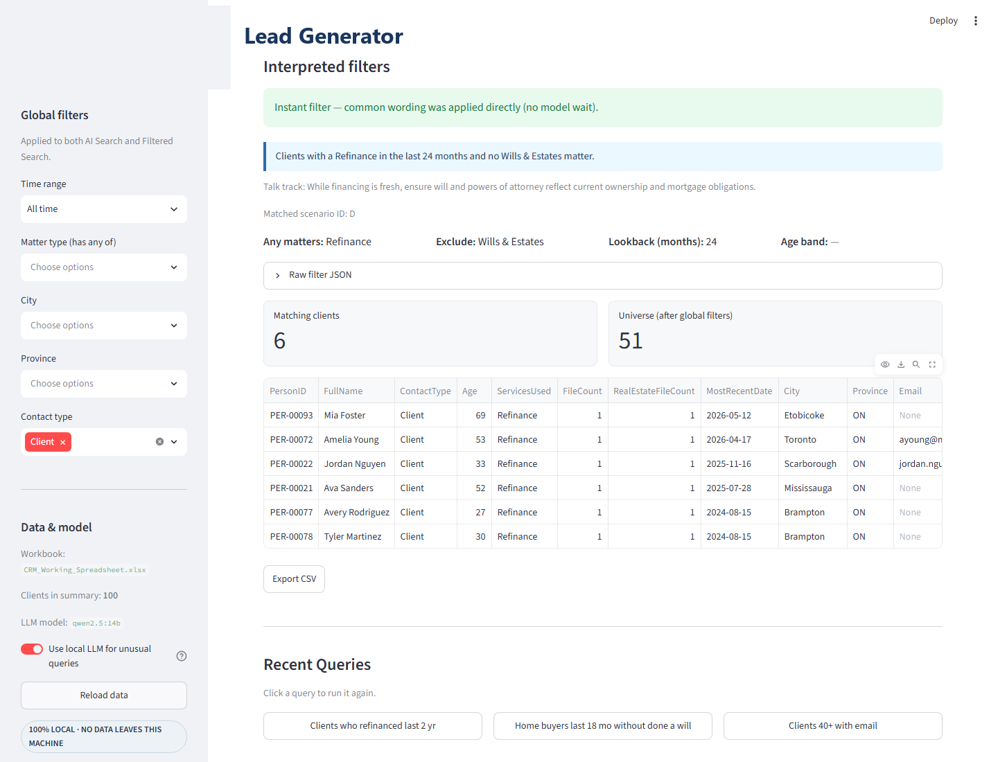 AI Search results with interpreted filters and recent queries