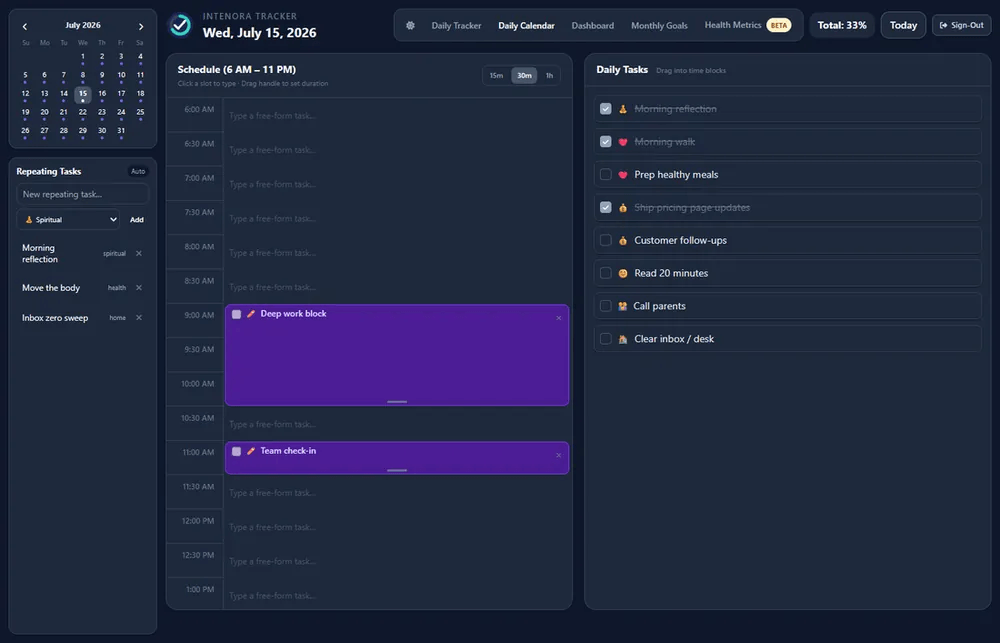 Intenora daily calendar with time blocks and a task list