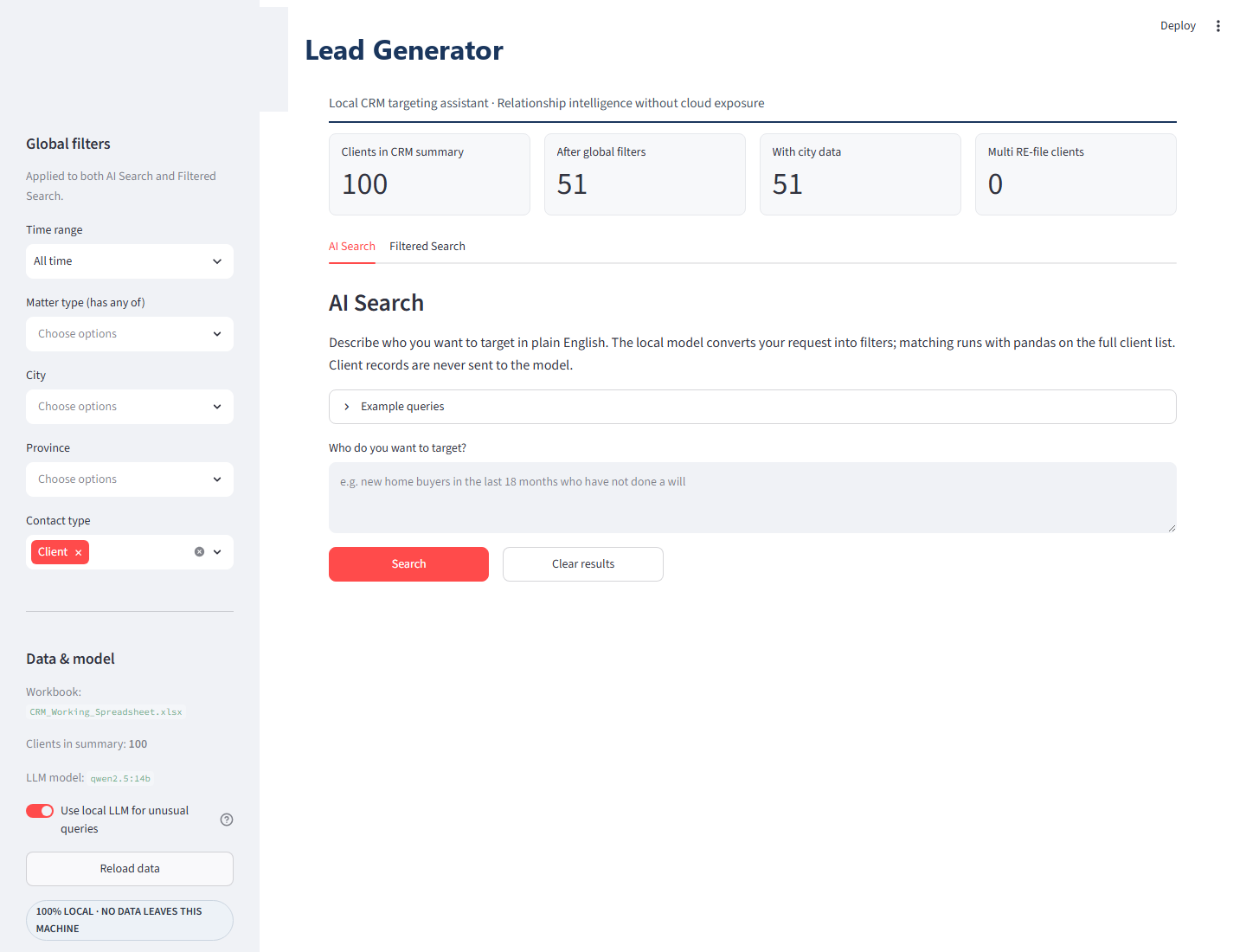 Lead Generator home screen with global filters and AI Search tab