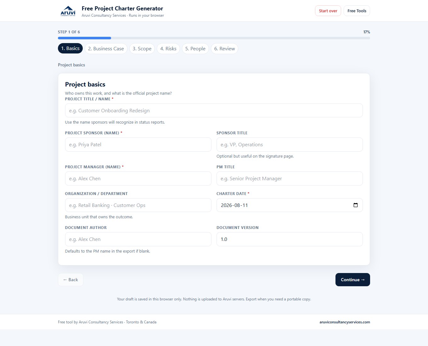 Screenshot of the free Project Charter Generator wizard