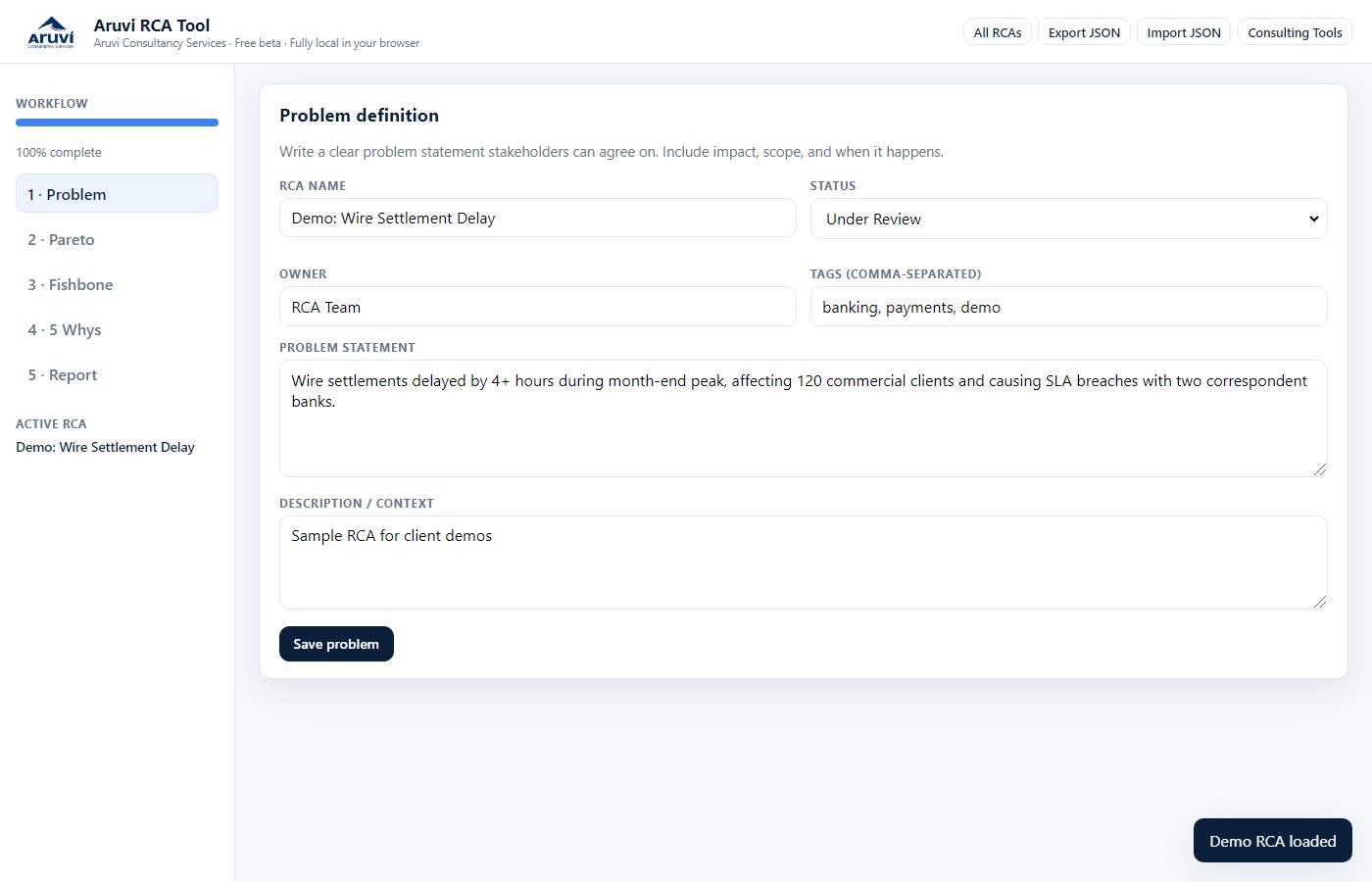 Problem definition screen