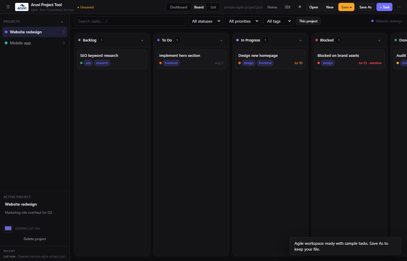 Agile kanban board with status columns