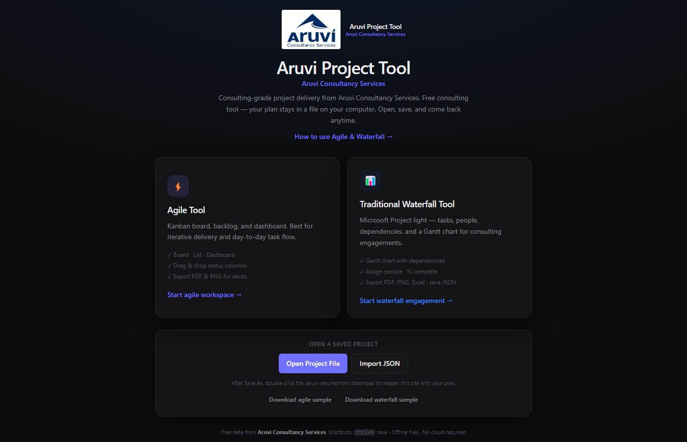 Welcome screen with Agile and Waterfall options