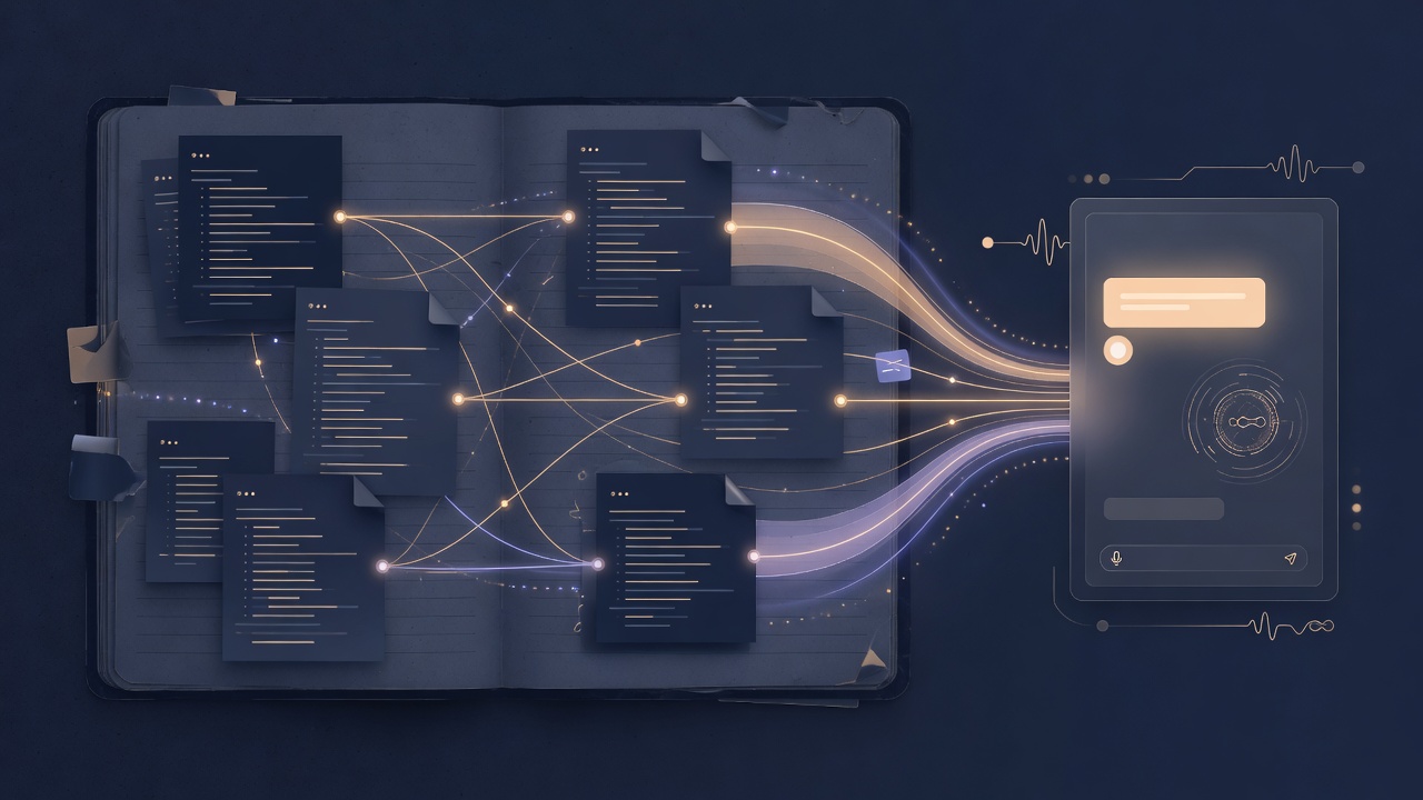 Connected knowledge notes feeding an AI assistant for RAG and persistent memory